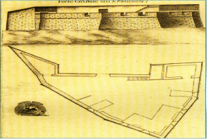 Ein Plakat mit einer Zeichnung einer Burg mit einem großen Eingang und umgeben von Mauern, einer Karte der Burg und ihrer Umgebung sowie Text mit Details zur Größe, Lage und anderen Informationen der Burg.