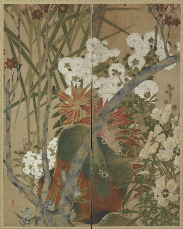 Ein japanischer Bildschirm mit einer leuchtenden Malerei von üppigen Blumen und Pflanzen in detaillierter Ausführung.