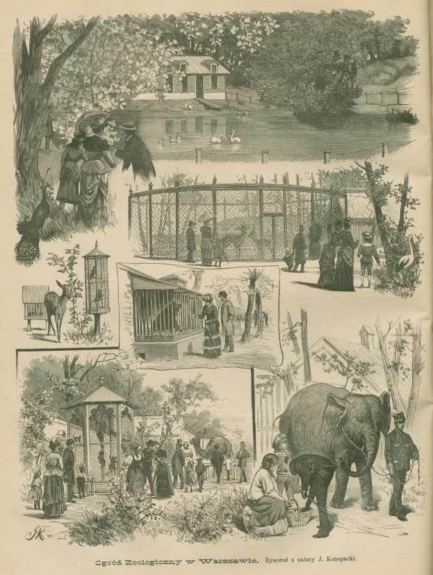 Alte Buchillustration, die eine Zooszene mit Menschen, Tieren, Bäumen, Häusern, einem Zaun und Text unten zeigt.
