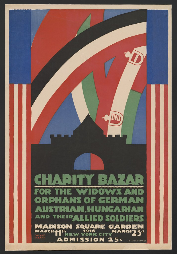 Charity-Bazaar-Plakat für die Witwen und Waisen deutscher, australischer, ungarischer und alliierter Soldaten mit Veranstaltungseinzelheiten im Text.