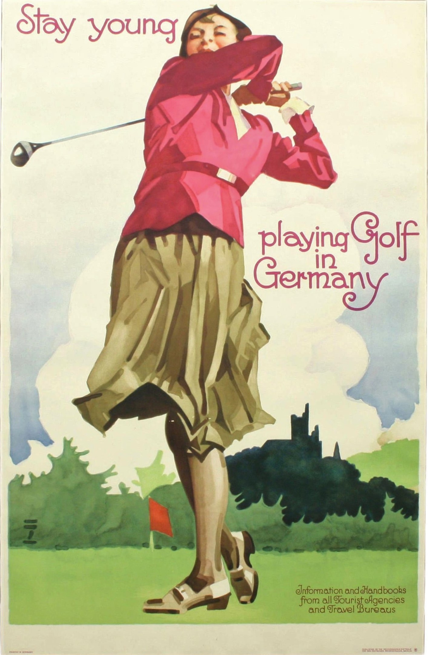 Ein Plakat, das eine Frau mit einem Golfschläger auf einem Golfplatz in Deutschland zeigt, mit einer Fahne und Bäumen im Hintergrund und Text über den Golfplatz.