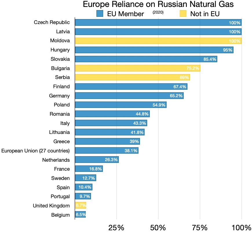 Balkendiagramm, das den prozentualen Anteil von Europas natürlichen Gasimporten aus Russland zeigt, mit Text, der Investitionsprozentsätze angibt.