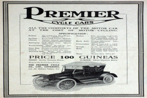 Ein glänzender schwarzer Oldtimer mit einem modernen Design ist auf einem Plakat mit der Schrift "Premier Cycle Cars" in fetter, weißer Schrift zu sehen.