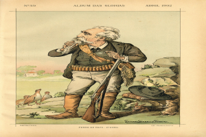 Ein älterer Mann hält eine Waffe in einer Hand und einen Hut in der anderen, vor einem Hintergrund aus Vögeln, Bäumen und einem Haus, mit Text am unteren Bildrand.