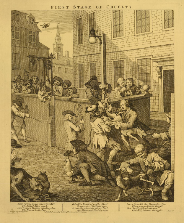 Ein handgezeichnetes Blatt Papier, das eine Gruppe von Menschen und Tieren vor einem Gebäude mit Fenstern und einer Straßenlaterne zeigt, mit der Aufschrift "Erste Stufe der Grausamkeit" unten.