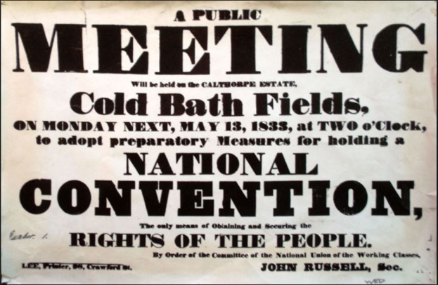Schwarzes und weißes Plakat, das eine öffentliche Versammlung mit dem Titel "Rechte des Volkes" ankündigt, die auf den Cold Bath Fields stattfindet.