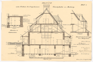 Ein detailliertes architektonisches Zeichnung eines Hauses mit zahlreichen Fenstern und einem Dach, das als erstes Haus in Deutschland gilt, begleitet von Text und Baupl├Ąnen auf Papier.