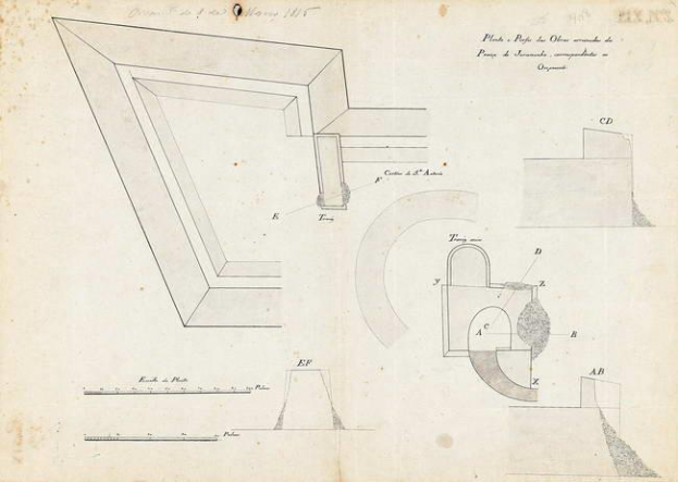 Eine Seite aus einem Buch mit einem detaillierten architektonischen Plan des Opernhauses von 1845, einschließlich einer Zeichnung einer Ecke mit einem Loch und begleitendem Text.