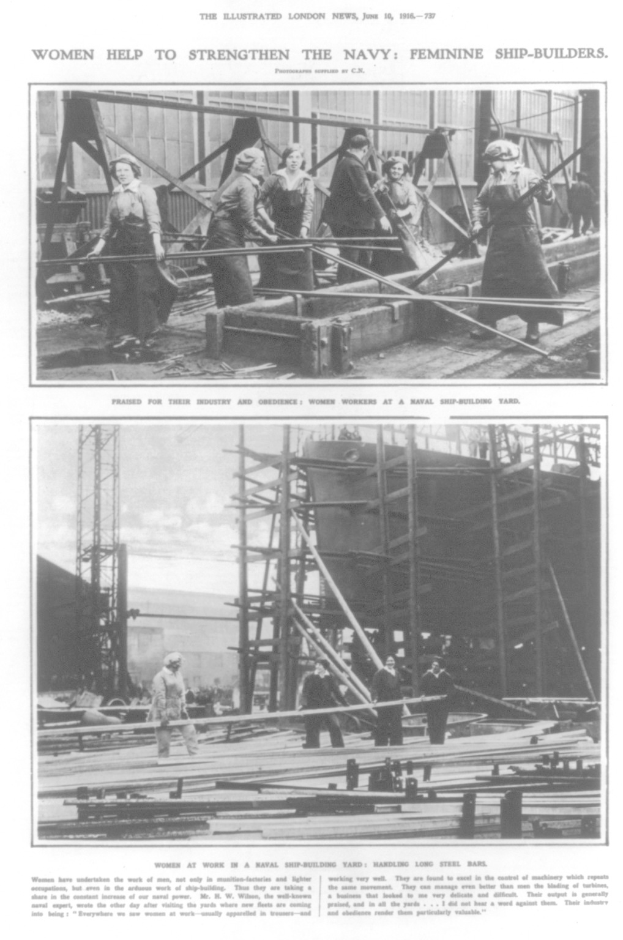 Schwarzes und weißes Foto von Frauen, die Metallstangen und Teile auf einem Schiff zusammenbauen, mit Text oben und unten "Frauen stärken die Marine Feminine Schiffbauer".