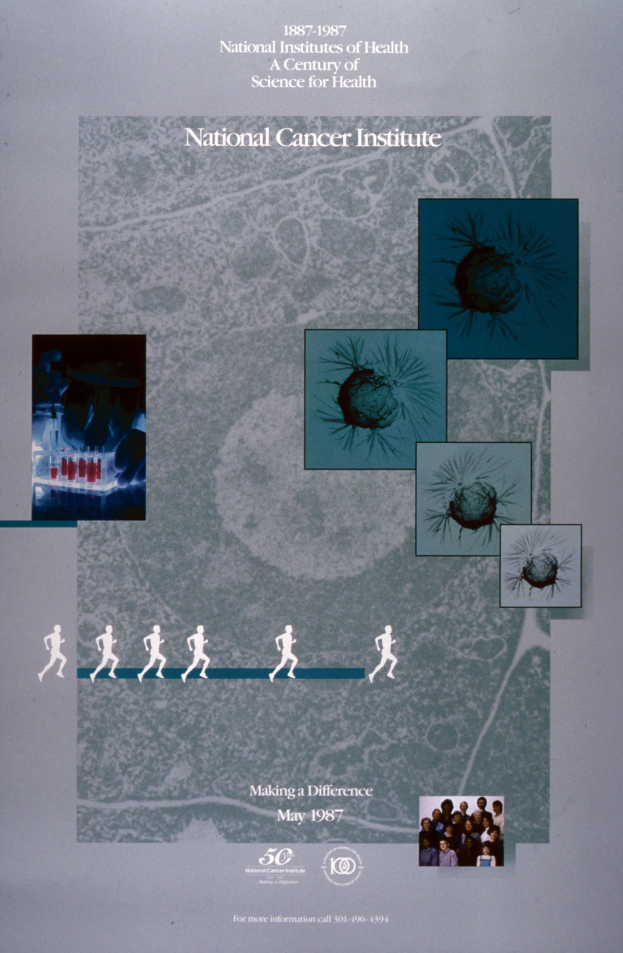 Buntes Plakat für das National Cancer Institute mit blauem Hintergrund und weißer Schrift, das überlappende Bilder von lachenden Menschen verschiedenen Alters, Geschlechts und Ethnien zeigt, die in einem Kreis um die fettgedruckte, großgeschriebene Überschrift angeordnet sind.