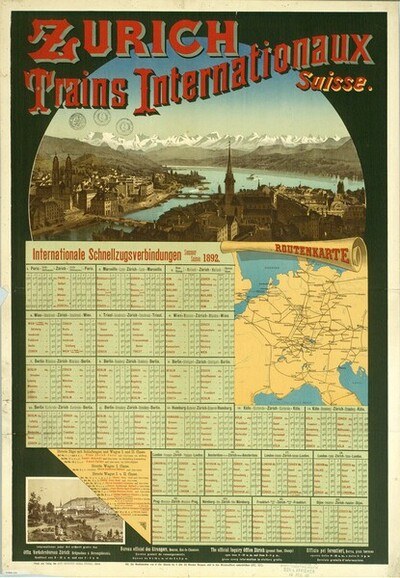 Plakat, das die Zürcher S-Bahn Internationalaux mit einer Karte von Zürich, Gebäuden, Wasser, Bergen und Text anzeigt.