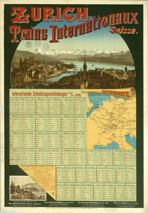 Plakat, das die Zürcher S-Bahn Internationalaux mit einer Karte von Zürich, Gebäuden, Wasser, Bergen und Text anzeigt.