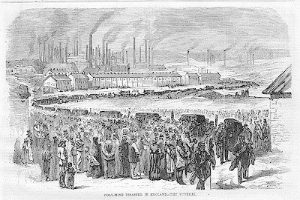 Schwarze und weiße Zeichnung von Menschen, die vor einer Fabrik mit Häusern und Rauch aus Schornsteinen im Hintergrund stehen, mit der Beschriftung "Kohlebergbau-Katastrophe in England das Ende" unten.