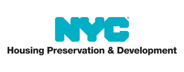 Weißer Hintergrund mit zentriertem schwarzem Text "NYC Housing Preservation & Development" in einer modernen, professionellen Schriftart, umgeben von einem schmalen schwarzen Rand.