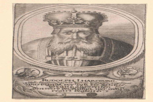 Eine Gravur von Rudolf I., König von Deutschland, mit Krone und langem Bart, mit Text unten.