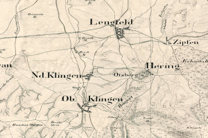 Ein detaillierter alter Stadtplan von Lengfeld, Deutschland, der Straßen, Gebäude, Sehenswürdigkeiten und Text enthält, der Informationen über die Bevölkerung, Straßen und Sehenswürdigkeiten der Stadt enthält.