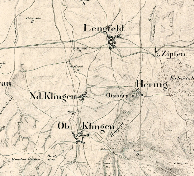 Ein detaillierter alter Stadtplan von Lengfeld, Deutschland, der Straßen, Gebäude, Sehenswürdigkeiten und Text enthält, der Informationen über die Bevölkerung, Straßen und Sehenswürdigkeiten der Stadt enthält.