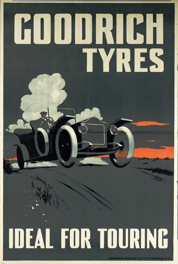 Plakatwerbung für Goodrich Reifen mit einem Auto und einer Person darin, begleitet von Text über das Unternehmen und seine Dienstleistungen.
