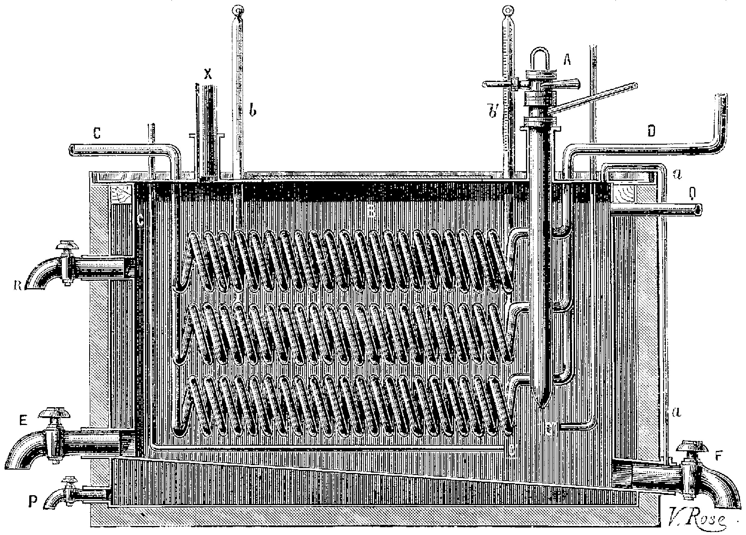 Schwarzes und weißes technisches Zeichnung eines zylindrischen Wärmetauschers mit Rohren und Schläuchen, beschriftet mit "Wärmetauscher".