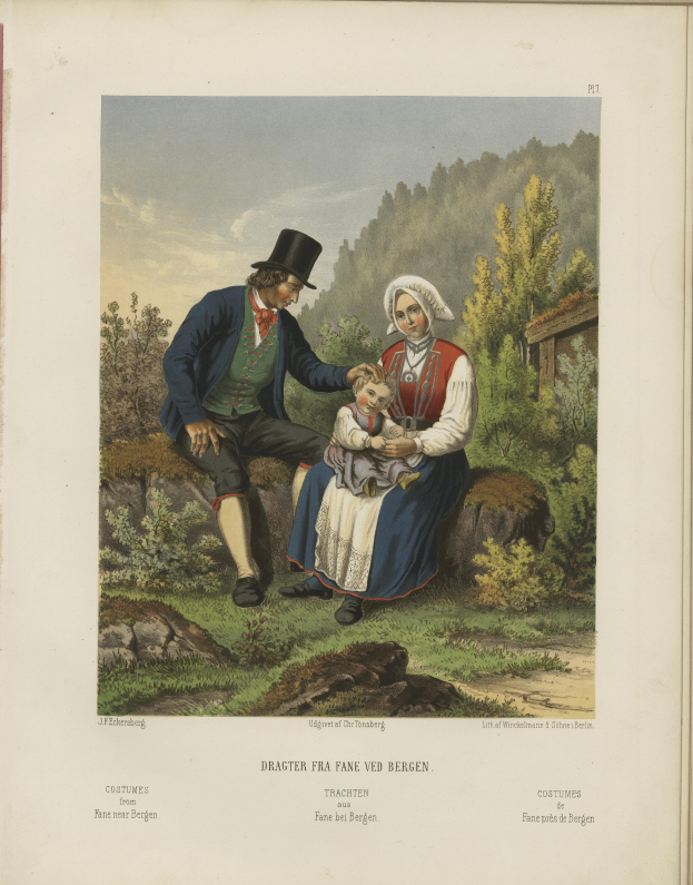 Ein altes Buch mit einer Abbildung eines Mannes und einer Frau mit einem Baby auf einem Felsen, mit Bäumen und Himmel im Hintergrund und Text unten.