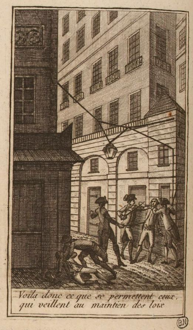 Eine Gruppe von Menschen kämpft vor einem mehrfenstrigen Gebäude in einer Stadt, einige mit Schwertern, andere mit Faustschlägen, in der Nähe einer Straßenlaterne und Text am unteren Bildrand.