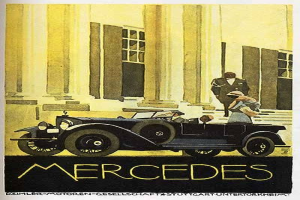 Vintage-Plakat aus den 1920er Jahren mit einem Mercedes-Benz-Auto, das vor einem modernen Gl├Ąserturm mit zwei Insassen geparkt ist, mit 'Mercedes-Benz'-Text unten.