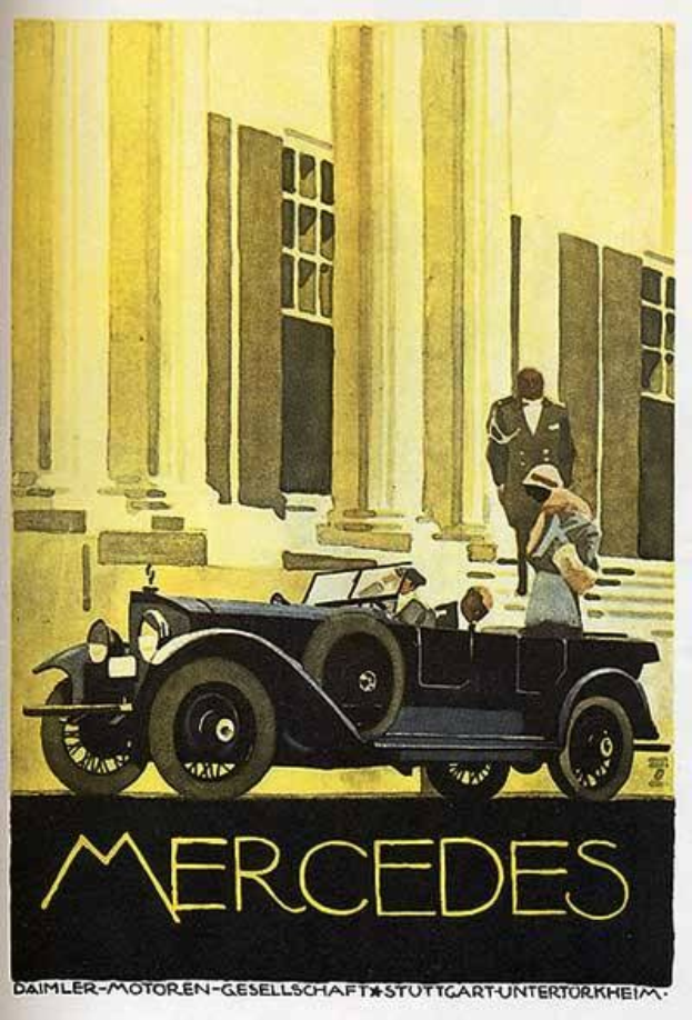 Vintage-Plakat aus den 1920er Jahren mit einem Mercedes-Benz-Auto, das vor einem modernen Gl├Ąserturm mit zwei Insassen geparkt ist, mit 'Mercedes-Benz'-Text unten.