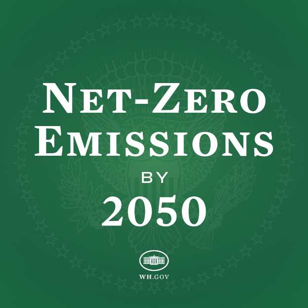 Grüner Hintergrund mit fettem weißen Text, der "netto-null-Emissionen bis 2050" liest.