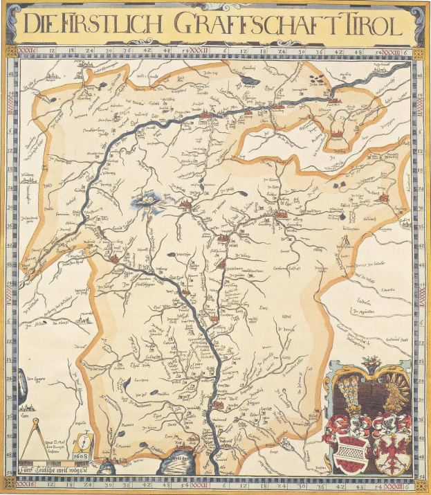 Eine detaillierte historische Karte der ersten Grafschaft Tirol, die geografische Merkmale wie Flüsse, Berge und Städte zeigt, begleitet von erklärendem Text.
