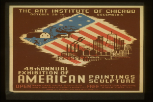 Plakat für die 49. Jahresausstellung von amerikanischen Malereien und Skulpturen des Art Institute of Chicago, das Text und verwandte Bilder zeigt.