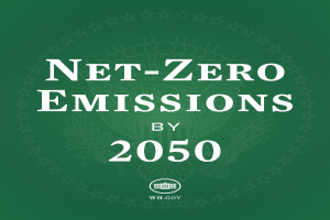 Weißer fetter Text auf einem grünen Hintergrund, der "netto-null-Emissionen bis 2050" liest