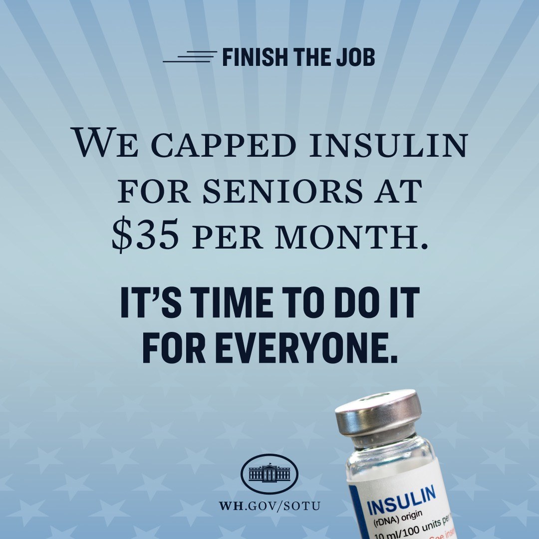 Plakat mit einem Fläschchen Insulin auf der rechten Seite und Text, der besagt, dass die Insulin Kosten für Senioren auf $35 pro Monat begrenzt sind und für alle die gleiche Begrenzung fordert.