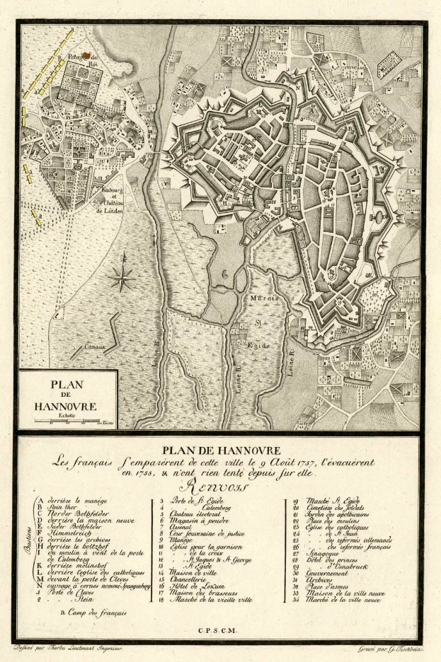Detailiertes altes Stadtplan von Hannover, Deutschland, das Straßen, Gebäude und Sehenswürdigkeiten mit begleitendem Text über die Bevölkerung und Merkmale der Stadt zeigt.