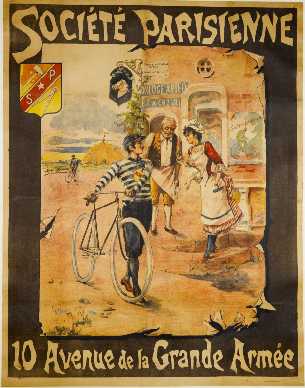 Plakat für ein Fahrradrennen in Paris, Frankreich, das eine Gruppe von Menschen zeigt, von denen einer ein Fahrrad hält, mit einem Gebäude im Hintergrund und Text, der das Ereignis beschreibt.