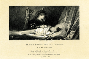 Eine Frau in einem weißen Kleid sitzt auf einem Bett und hält ein Baby nah an ihrer Brust, während das Baby glücklich zu ihr hochschaut; das Bild trägt den Titel "Mütterliche Einsamkeit" von R.P. Bonington.
