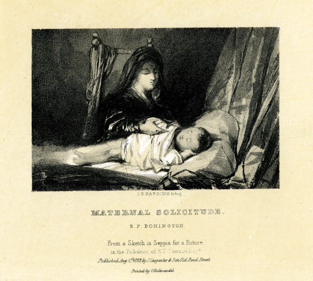Eine Frau in einem weißen Kleid sitzt auf einem Bett und hält ein Baby nah an ihrer Brust, während das Baby glücklich zu ihr hochschaut; das Bild trägt den Titel "Mütterliche Einsamkeit" von R.P. Bonington.