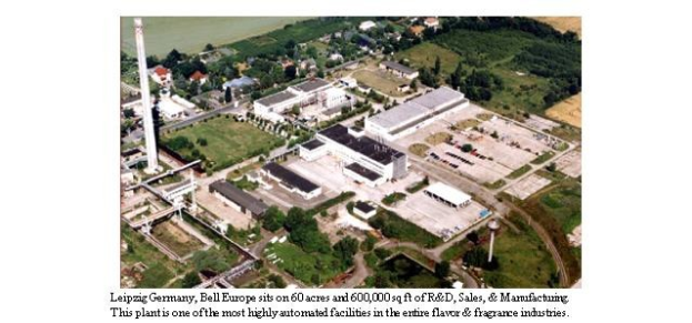 Luftbild einer großen Industrieanlage in Leipzig, Deutschland, beschriftet mit 'Bell Europe', mit Gebäuden, Bäumen, Straßen und Strommasten.