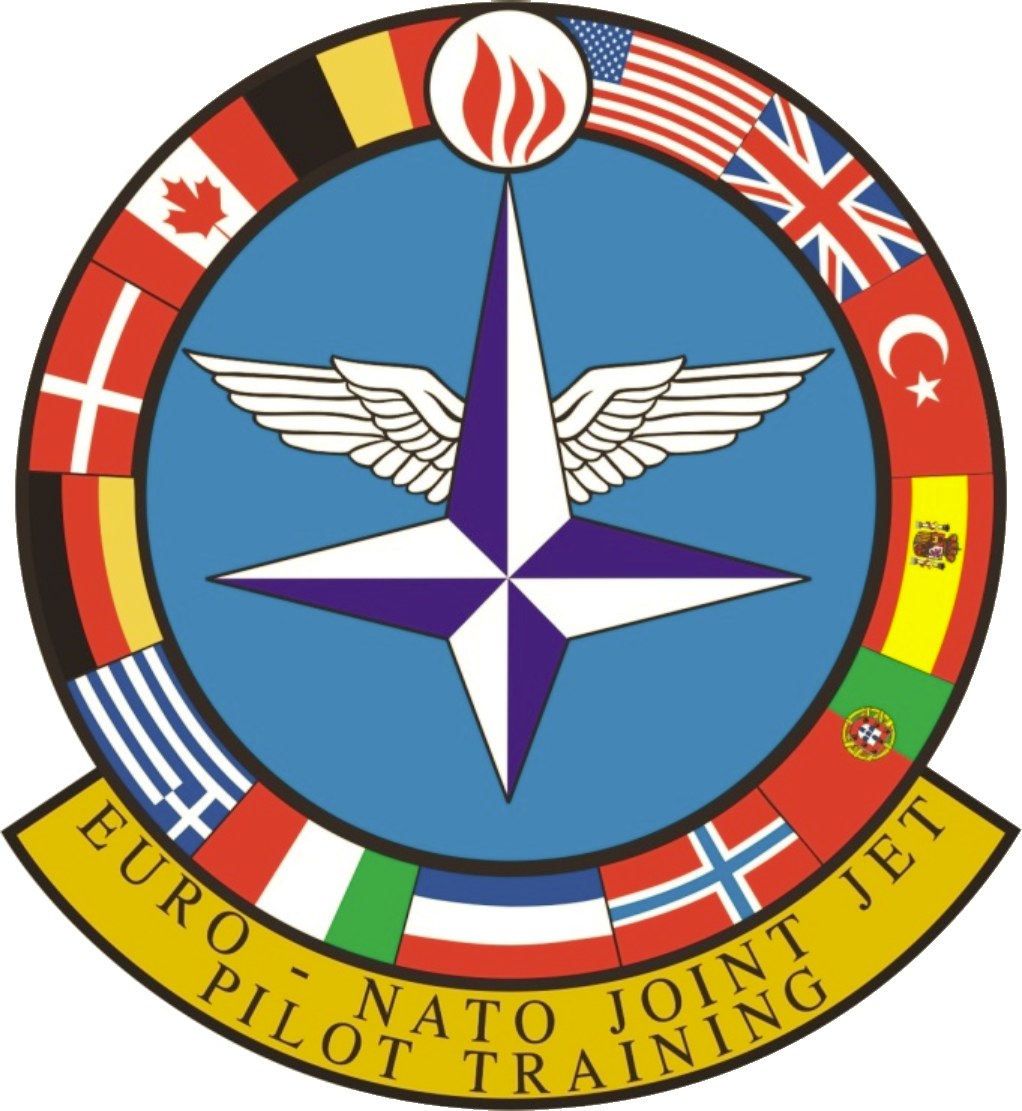 Blauer Kreis mit einem weißen Stern in der Mitte, umgeben von vier Flaggen in verschiedenen Farben, mit der Aufschrift "NATO Joint Jet" in weißer Schrift.