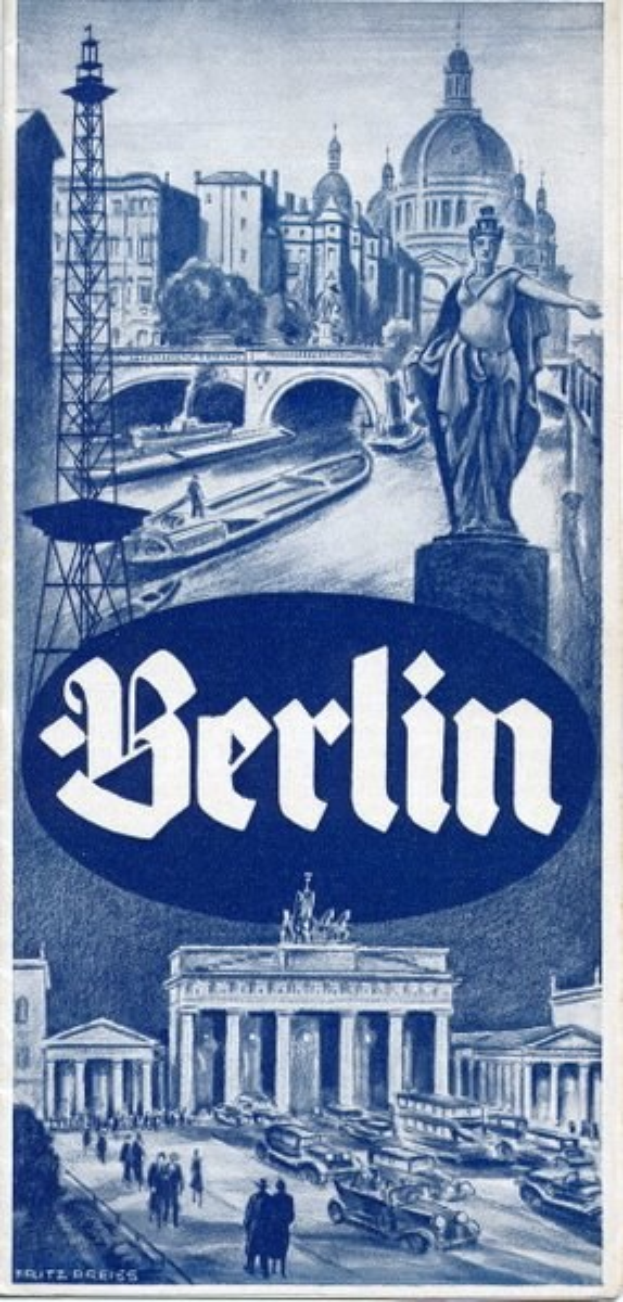 Plakat, das Berlin, Deutschland zeigt, mit einer Statue, Gebäuden, einem Turm, Menschen, Fahrzeugen auf der Straße und einer Brücke, sowie Text, der Informationen über die Stadt enthält.