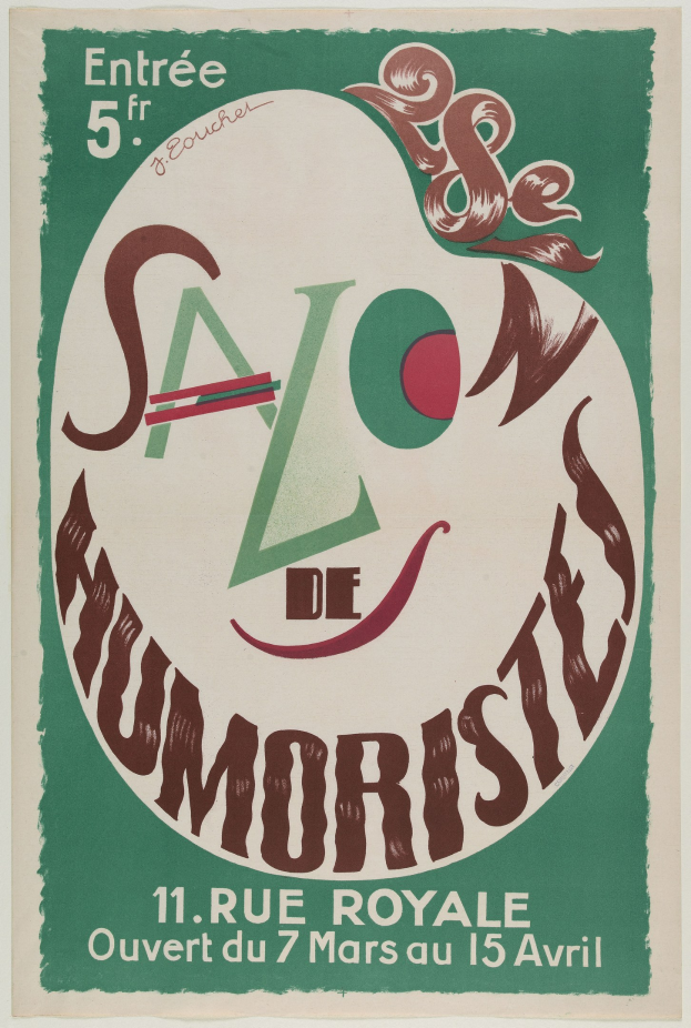 Plakat, das eine Humoristensalonshow in Paris, Frankreich, ankündigt, mit Text, der die Angebote des Salons beschreibt.