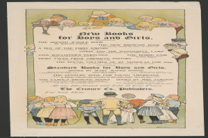 Ein Plakat mit schwarzem Rand und der Aufschrift 'Neue Bücher für Jungen und Mädchen' oben, vor dem eine Gruppe von Kindern steht.