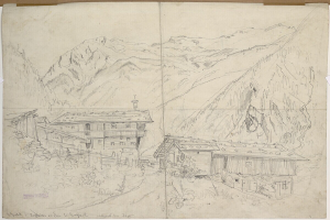 Ein aufgeschlagenes Buch mit einer Zeichnung eines Dorfes mit einzigartigen Gebäuden in den Bergen.