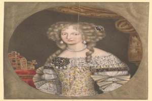 Gemälde der Queen Elizabeth I. von England in einem weißen, verzierten Kleid mit einer Krone, in einem Photo-Rahmen, mit Text unten: "Porträt der Queen Elizabeth I. von England."