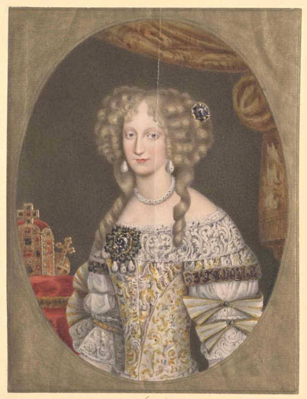 Gemälde der Queen Elizabeth I. von England in einem weißen, verzierten Kleid mit einer Krone, in einem Photo-Rahmen, mit Text unten: "Porträt der Queen Elizabeth I. von England."