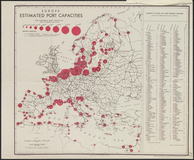 Ein gerahmtes Europa-Karte mit roten Punkten, die die geschätzten Hafenkapazitäten markieren.