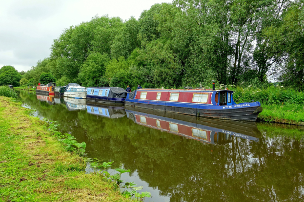 Eine Gruppe von Booten treibt auf einem von grünem Gras und Pflanzen gesäumten Fluss, mit hohen Bäumen und einem klaren blauen Himmel im Hintergrund.