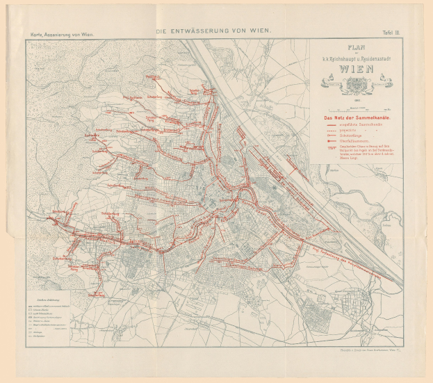 Alte Karte von Wien, Deutschland mit roten Linien, die eine Bahnroute markieren, auf altem Papier mit schwacher Schrift gedruckt.