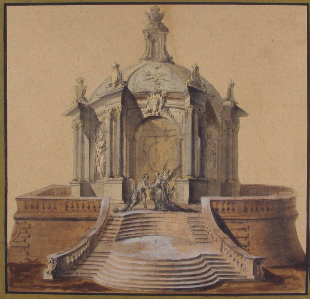 Ein gerahmtes Bild einer klassisch anmutenden Brunnenanlage mit einer Statue darauf, umgeben von Treppen und weiteren Skulpturen.