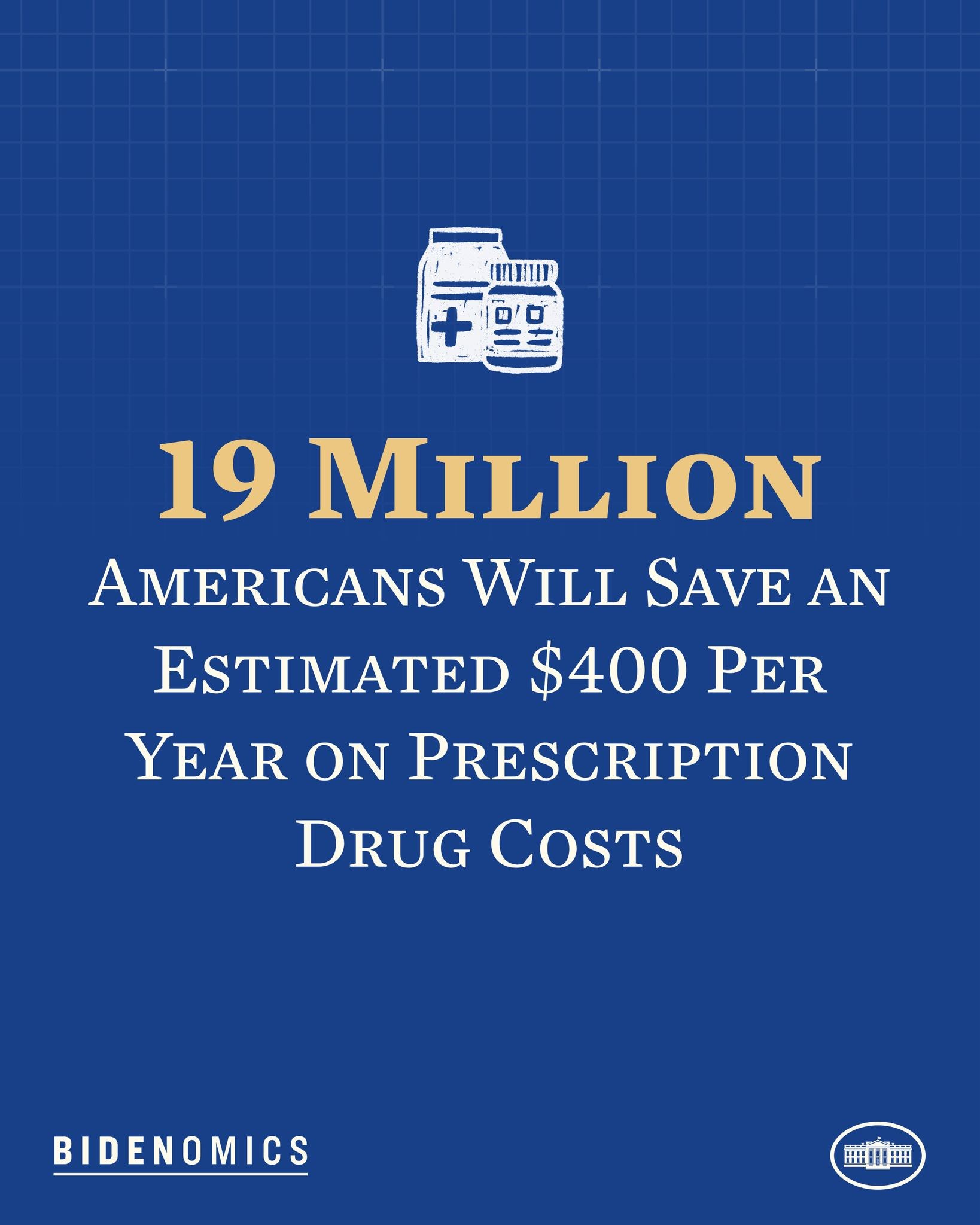 Blauer Hintergrund mit wei├čer Schrift und Logo mit der Aufschrift "19 Millionen Amerikaner werden sch├Ątzungsweise 400 USD pro Jahr an Arzneimittelkosten sparen".