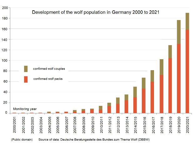 Liniengraph, der das Wachstum der Wolfpopulation in Deutschland von 2000 bis 2021 zeigt, mit begleitendem Erläuterungstext.